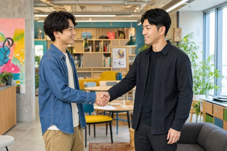 若手クリエイターと握手する男性