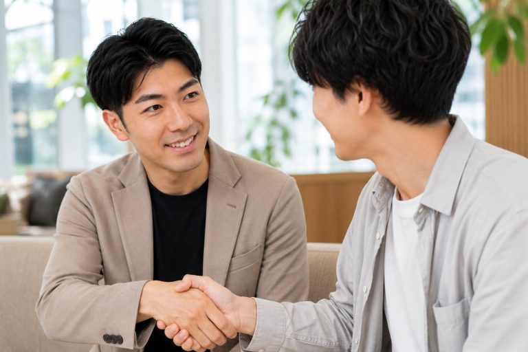カフェスペースで握手する男性