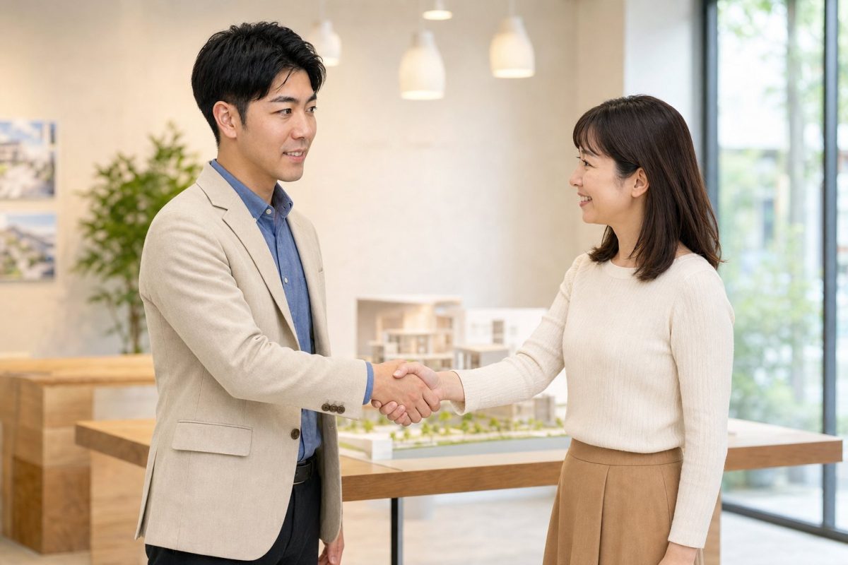 ショールームで女性客と握手する男性