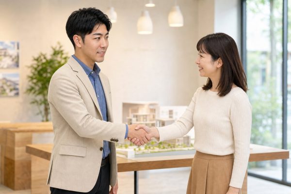 ショールームで女性客と握手する男性