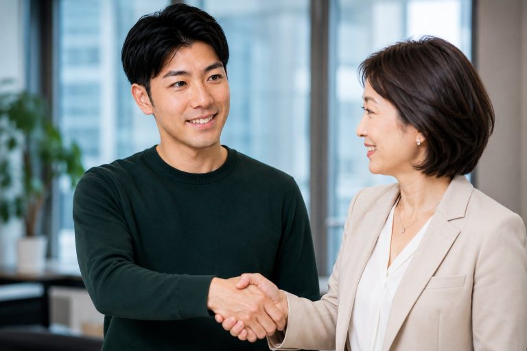 顧客と握手を交わす男性