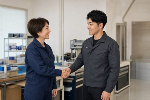 現場責任者の女性と握手する男性