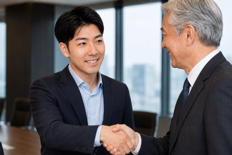 役員と固い握手を交わすビジネスマン