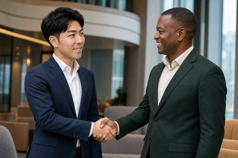 海外パートナーと握手するビジネスマン
