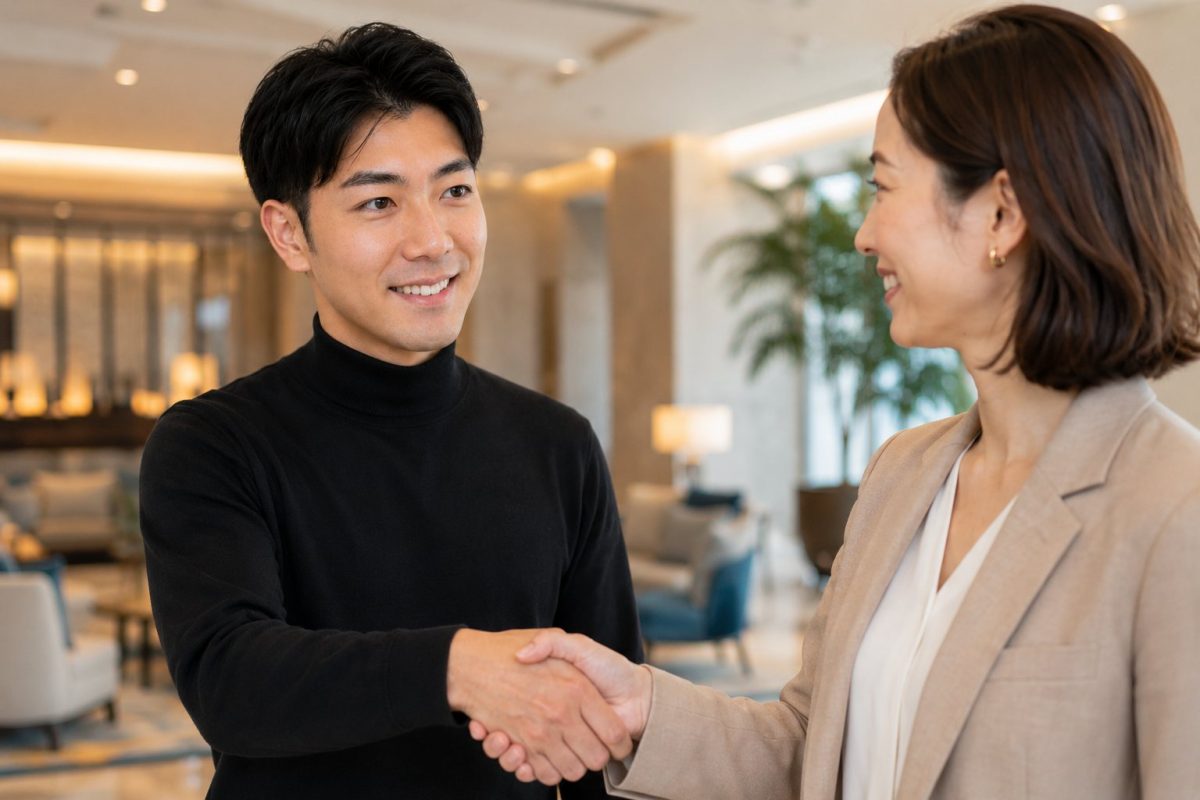 ラウンジで握手する男性