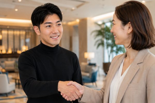 ラウンジで握手する男性