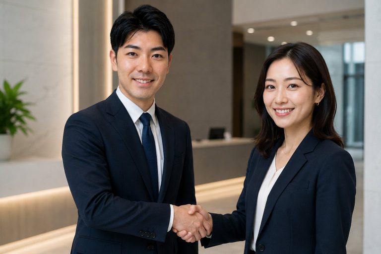 受付で女性と握手するビジネスマン