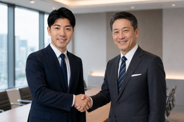 会議室で取引先と握手する男性