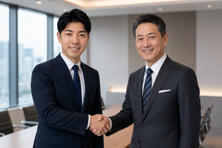 会議室で取引先と握手する男性