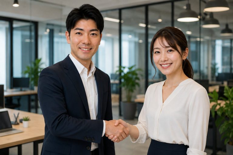 オフィスで同僚と握手する男性