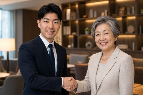 応接室で高齢の女性と握手する男性