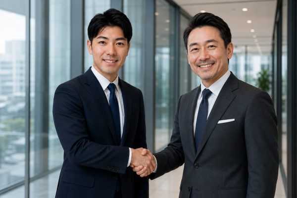 取引先と握手を交わすスーツの男性