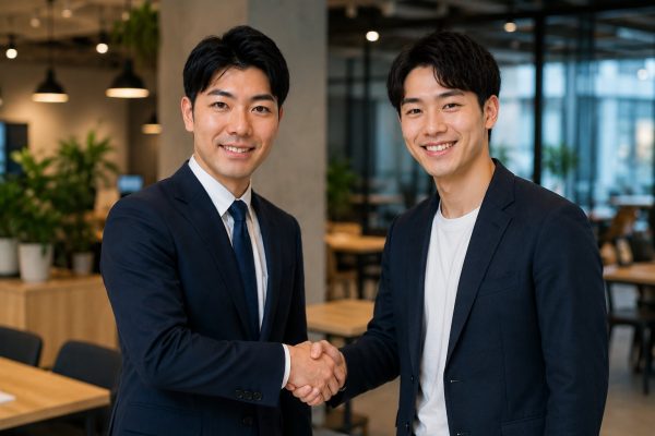 若手社員と握手する男性