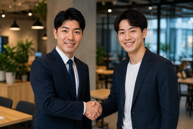 若手社員と握手する男性