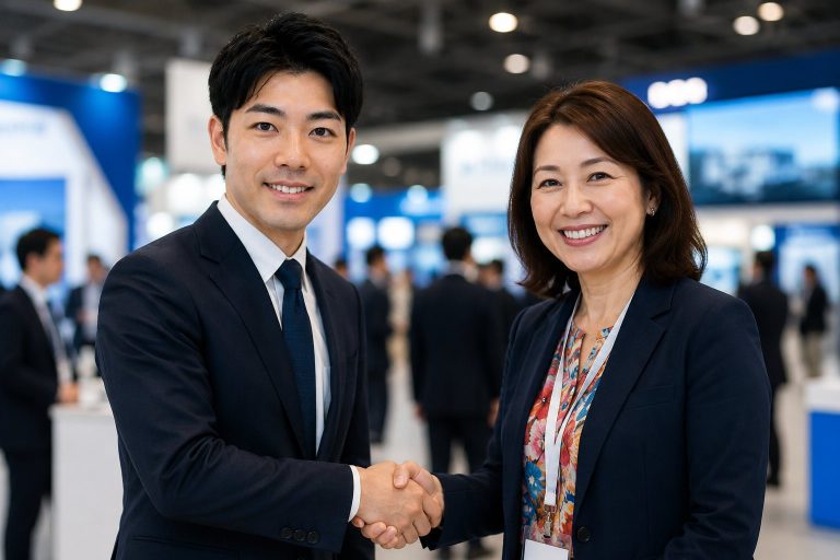 展示会で握手するビジネスマン