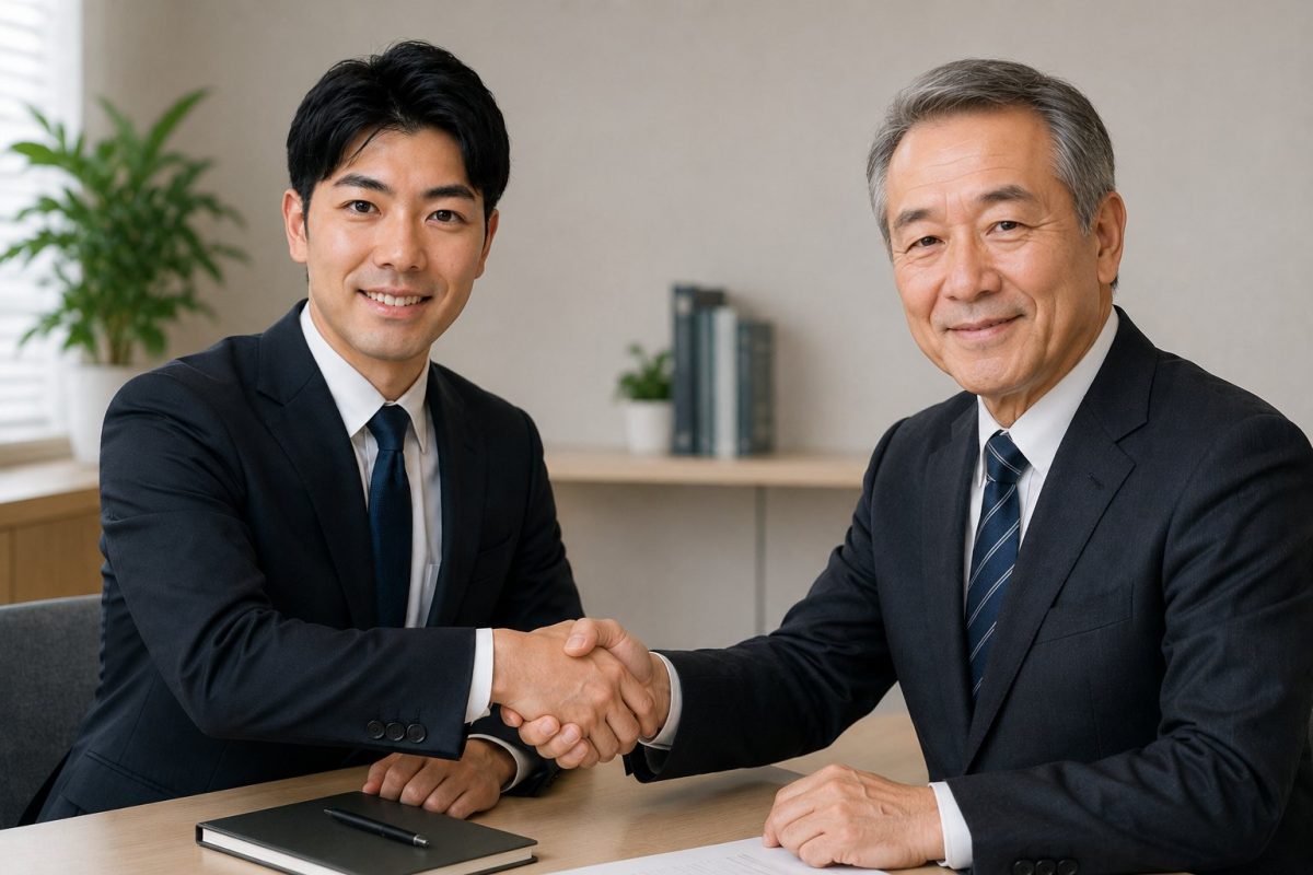 面談で年配男性と握手する男性