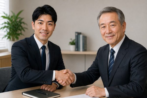 面談で年配男性と握手する男性