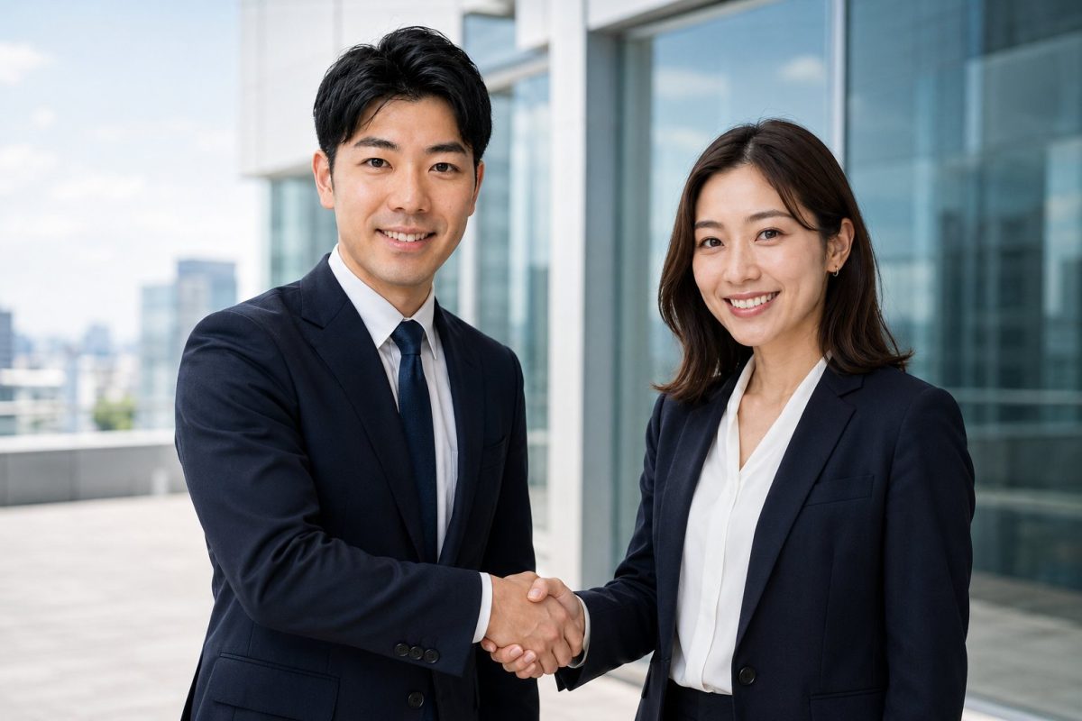 テラスで女性と握手するビジネスマン