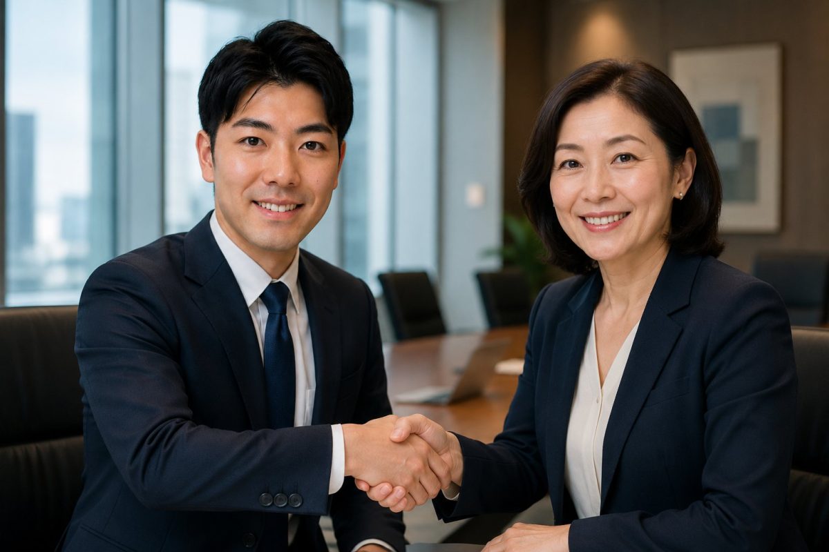 商談テーブルで握手する男性