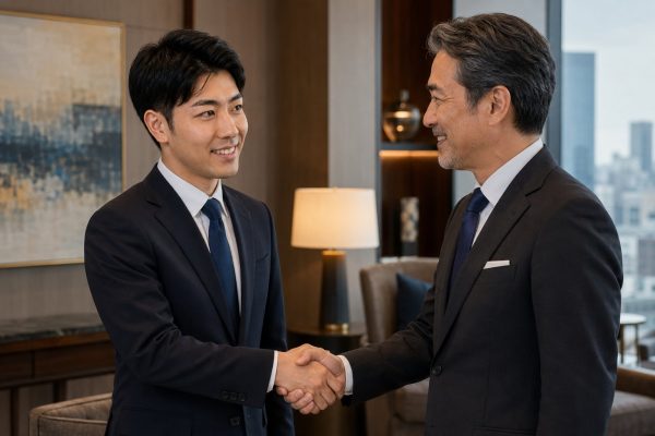 ホテルラウンジで握手する男性