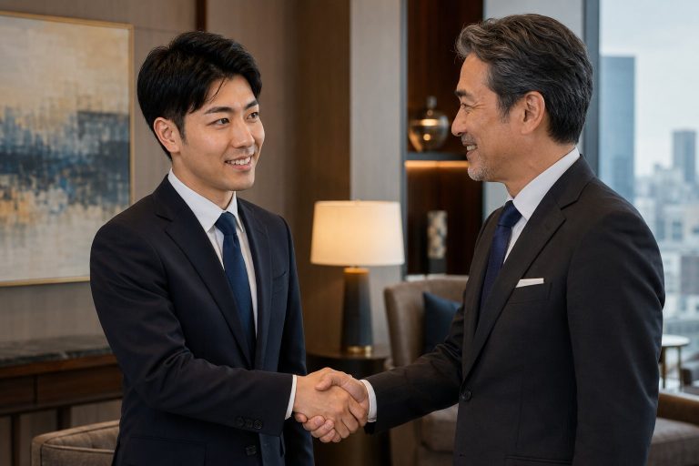 ホテルラウンジで握手する男性