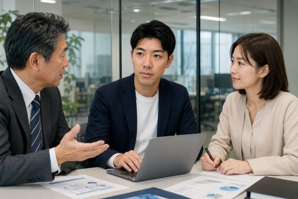 3人で資料を確認するビジネスチーム