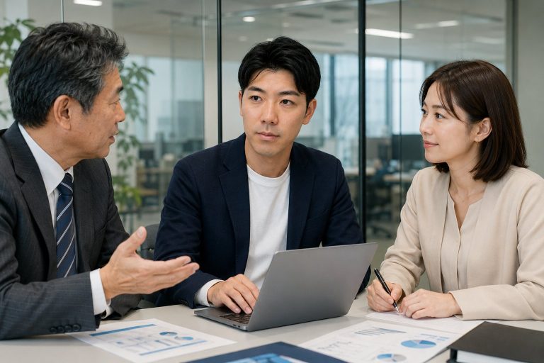 3人で資料を確認するビジネスチーム