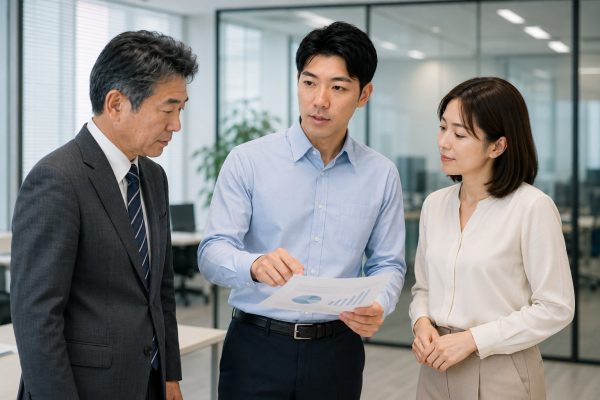 資料を手に議論する3人のビジネスパーソン