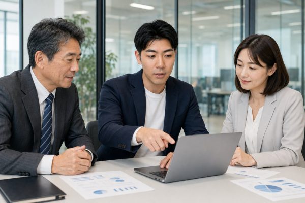 ノートPCを囲んで打ち合わせする3人