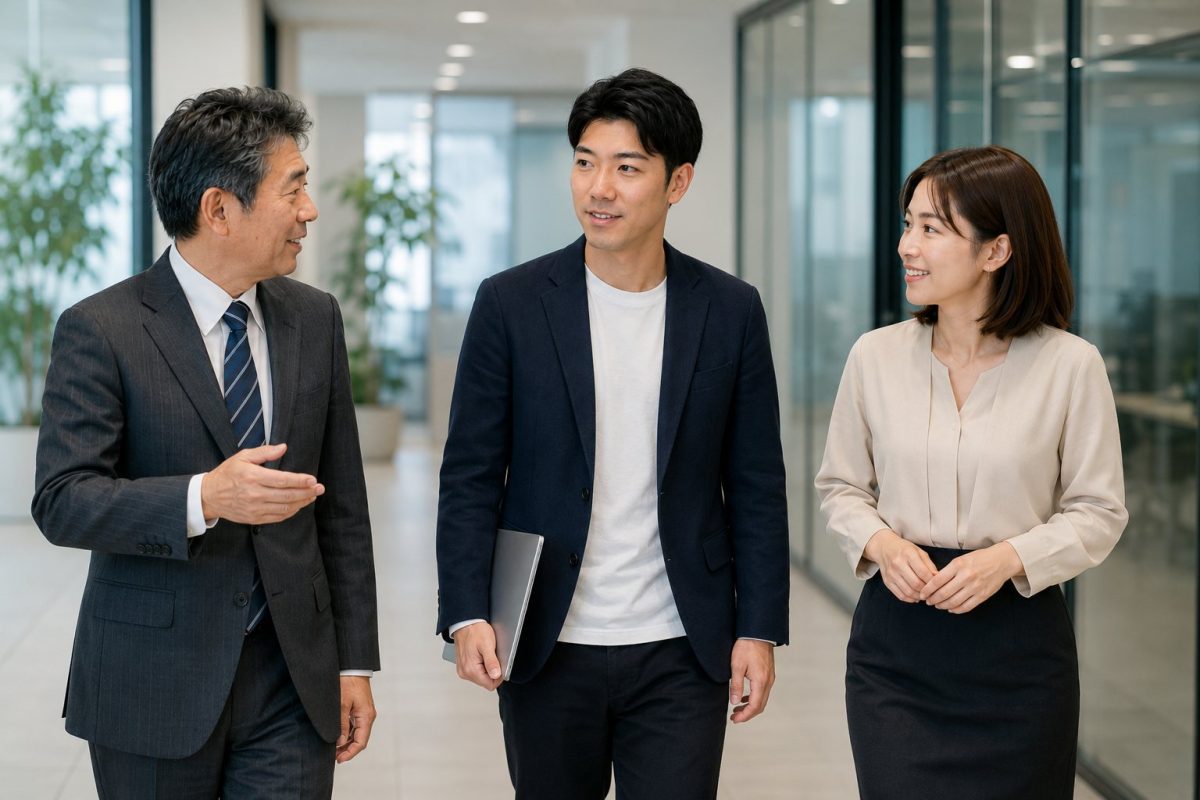 オフィスで談笑しながら歩く3人