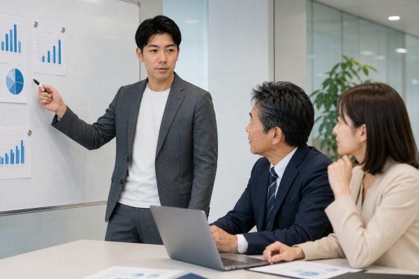 ホワイトボードでプレゼンする男性とチーム