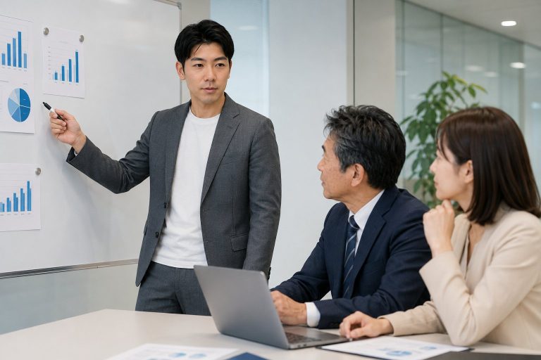 ホワイトボードでプレゼンする男性とチーム