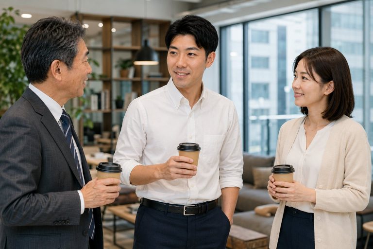 コーヒー片手に立ち話する3人