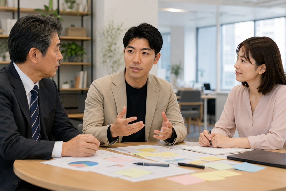 テーブルで資料を広げて会議する3人