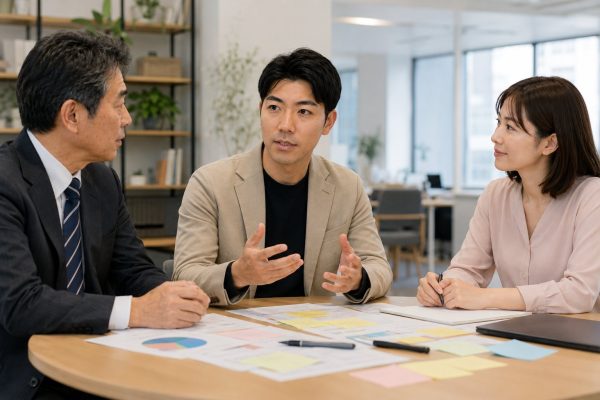 テーブルで資料を広げて会議する3人