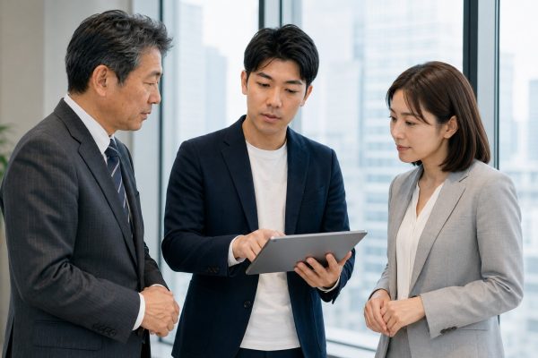 タブレットを見ながら相談する3人