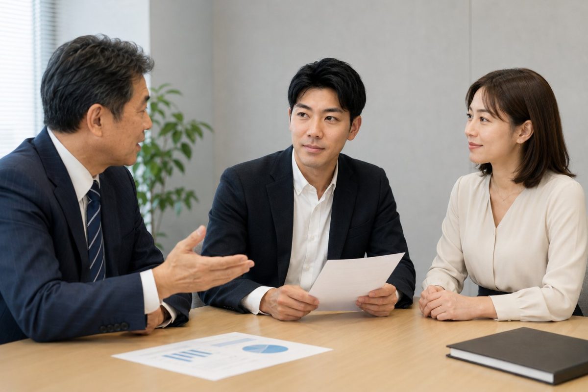 会議室で書類を検討する3人