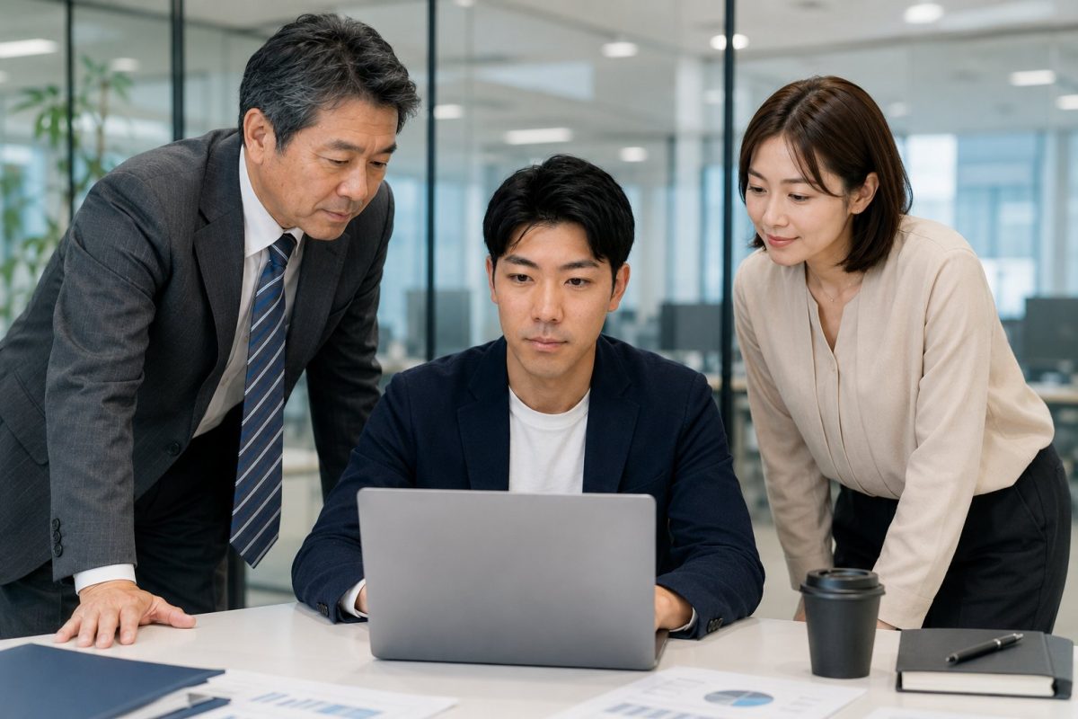 ノートPCの画面を3人で確認するチーム