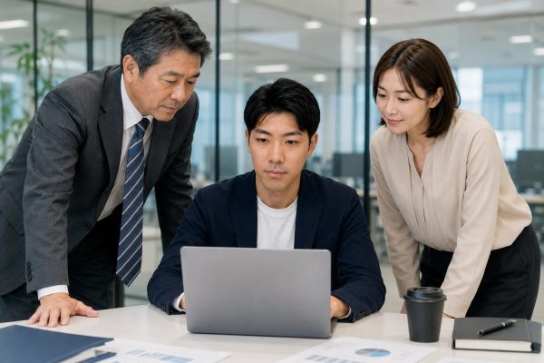 ノートPCの画面を3人で確認するチーム