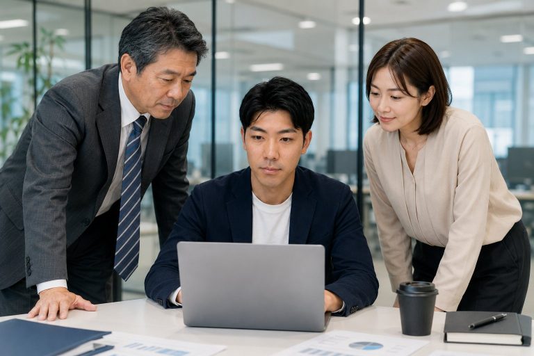 ノートPCの画面を3人で確認するチーム