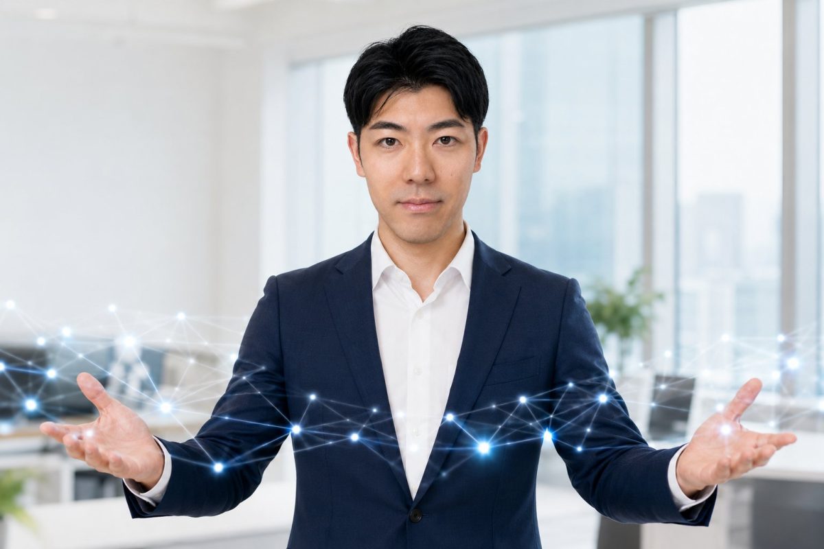 ネットワークを広げるジェスチャーのビジネスマン