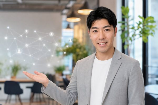 手のひらでネットワークを紹介する男性