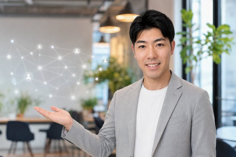 手のひらでネットワークを紹介する男性