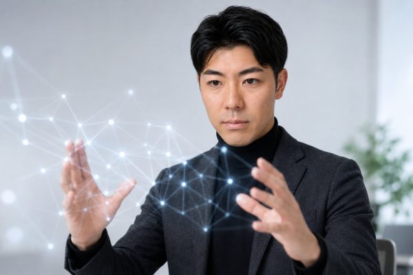 ネットワークの光を操作する男性
