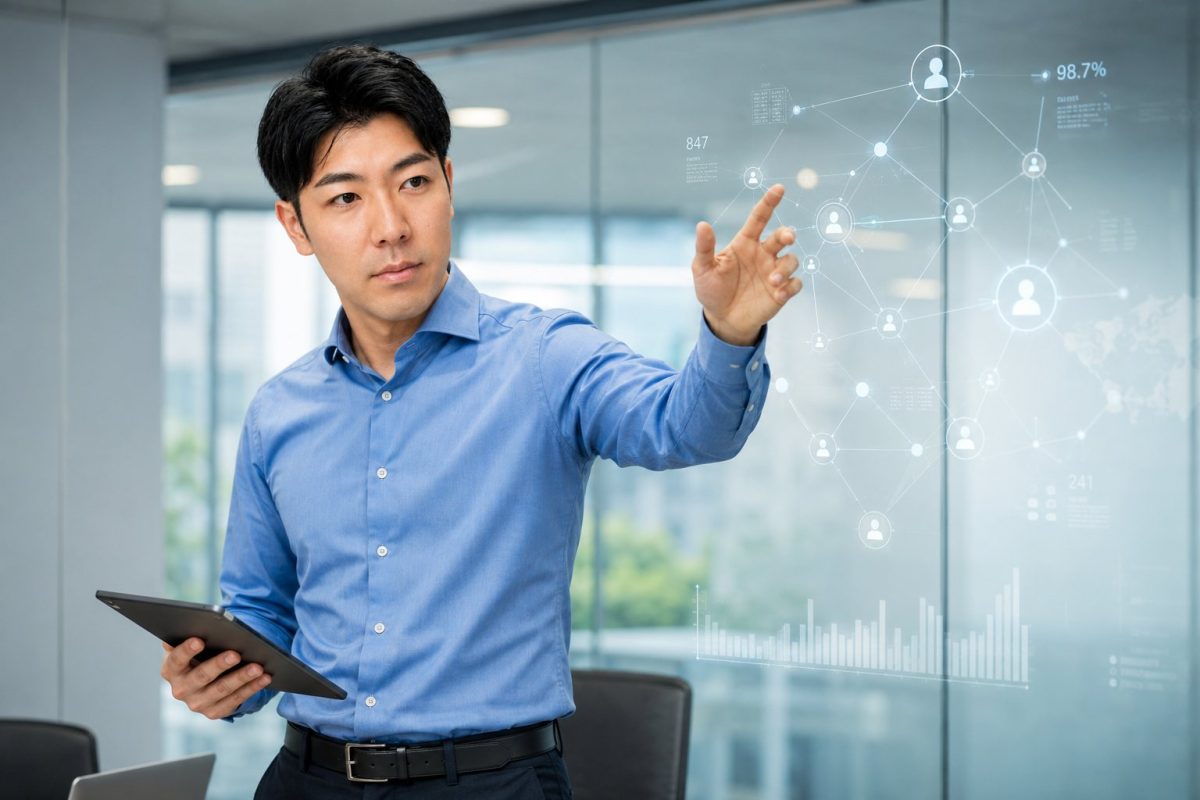タブレットを持ちデータを指し示す男性