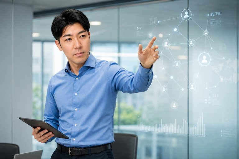 タブレットを持ちデータを指し示す男性