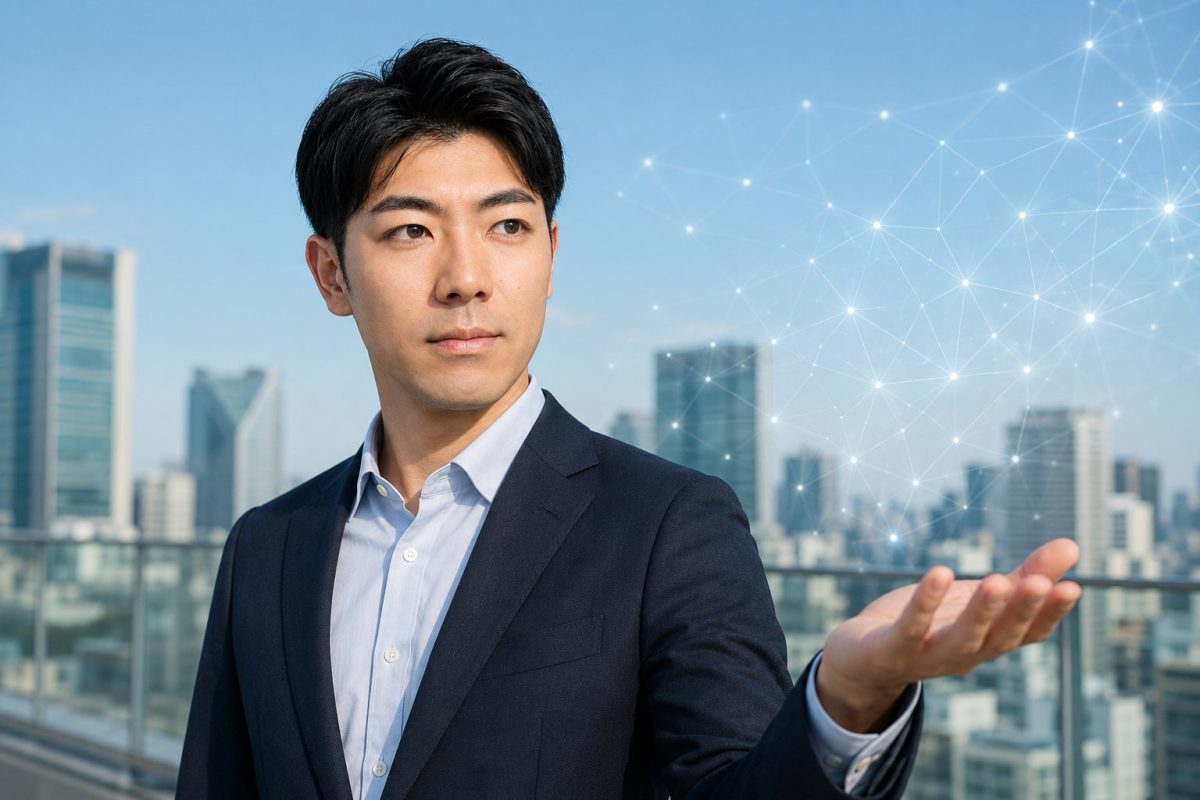都市を背景にネットワークを語る男性