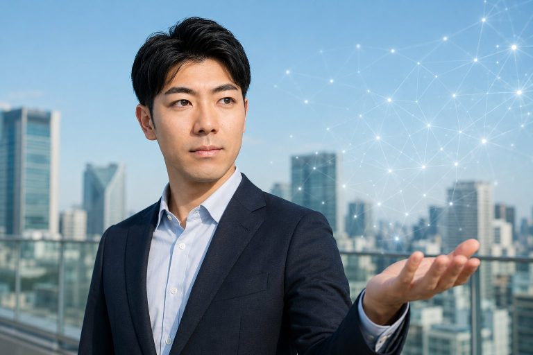都市を背景にネットワークを語る男性