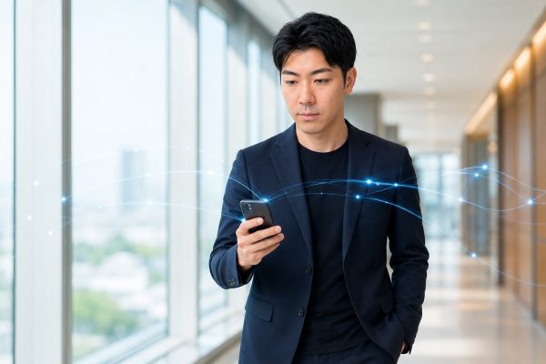 スマホとネットワークの光の中を歩く男性