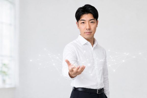 ネットワークの光を手に載せる男性